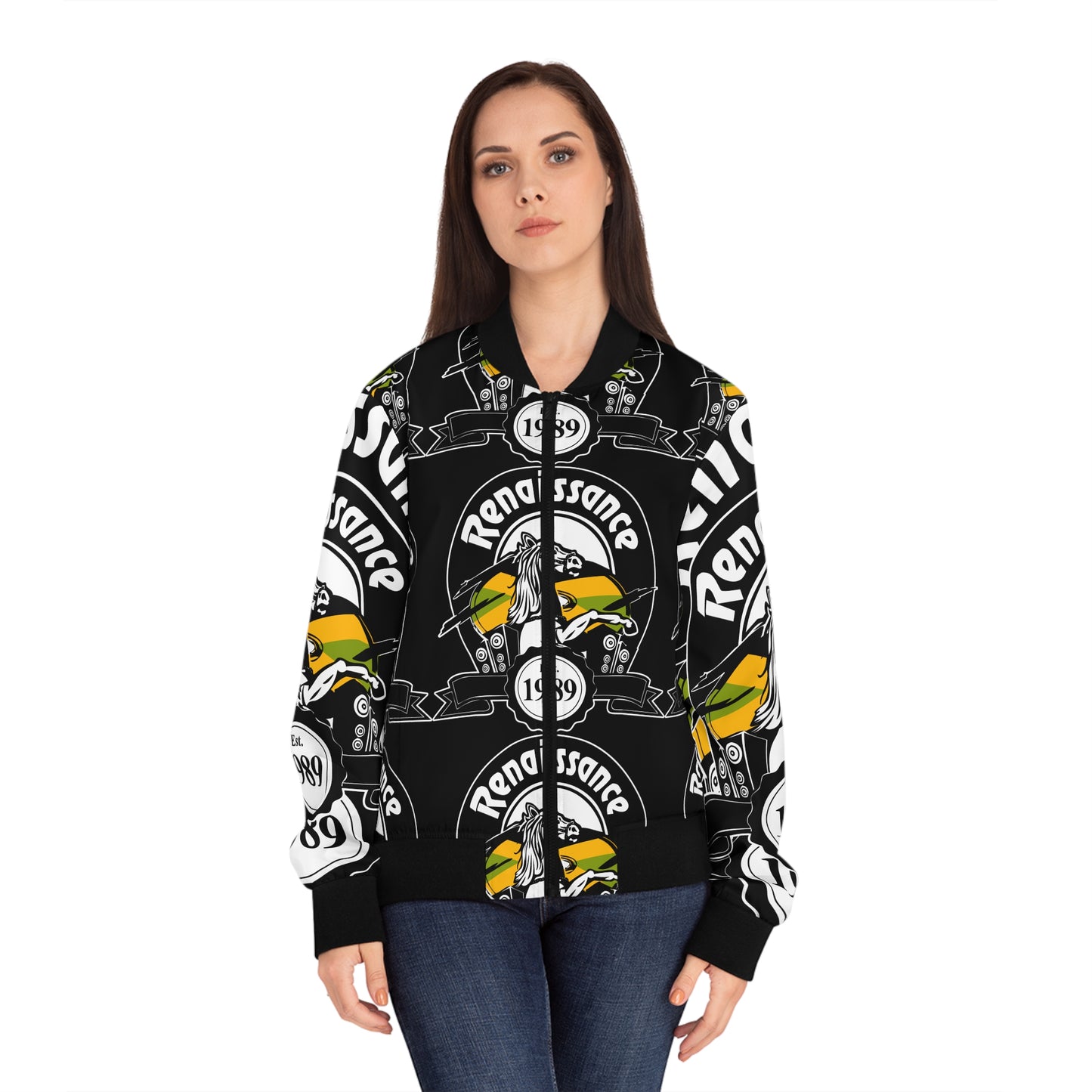 All Over Print Women's Black Renaissance Bomber Jacket (AOP)