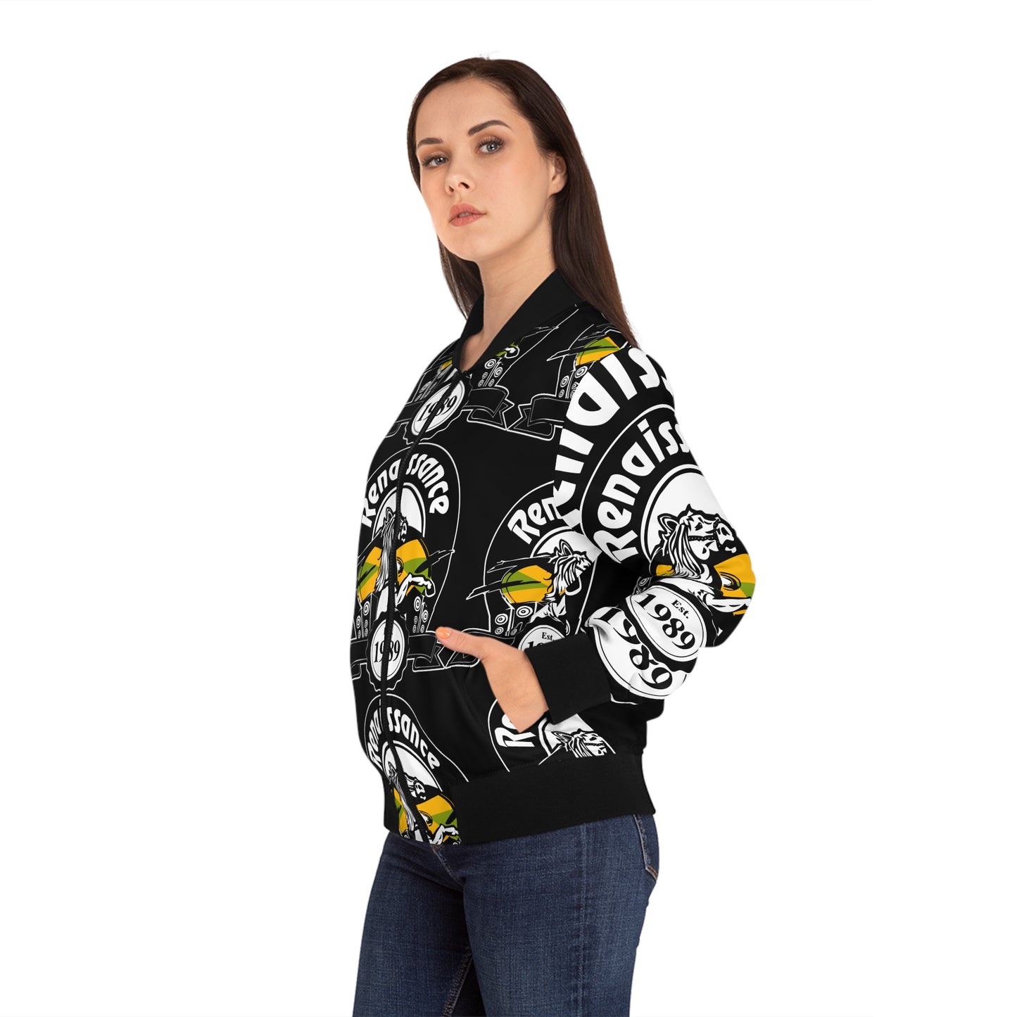 All Over Print Women's Black Renaissance Bomber Jacket (AOP)
