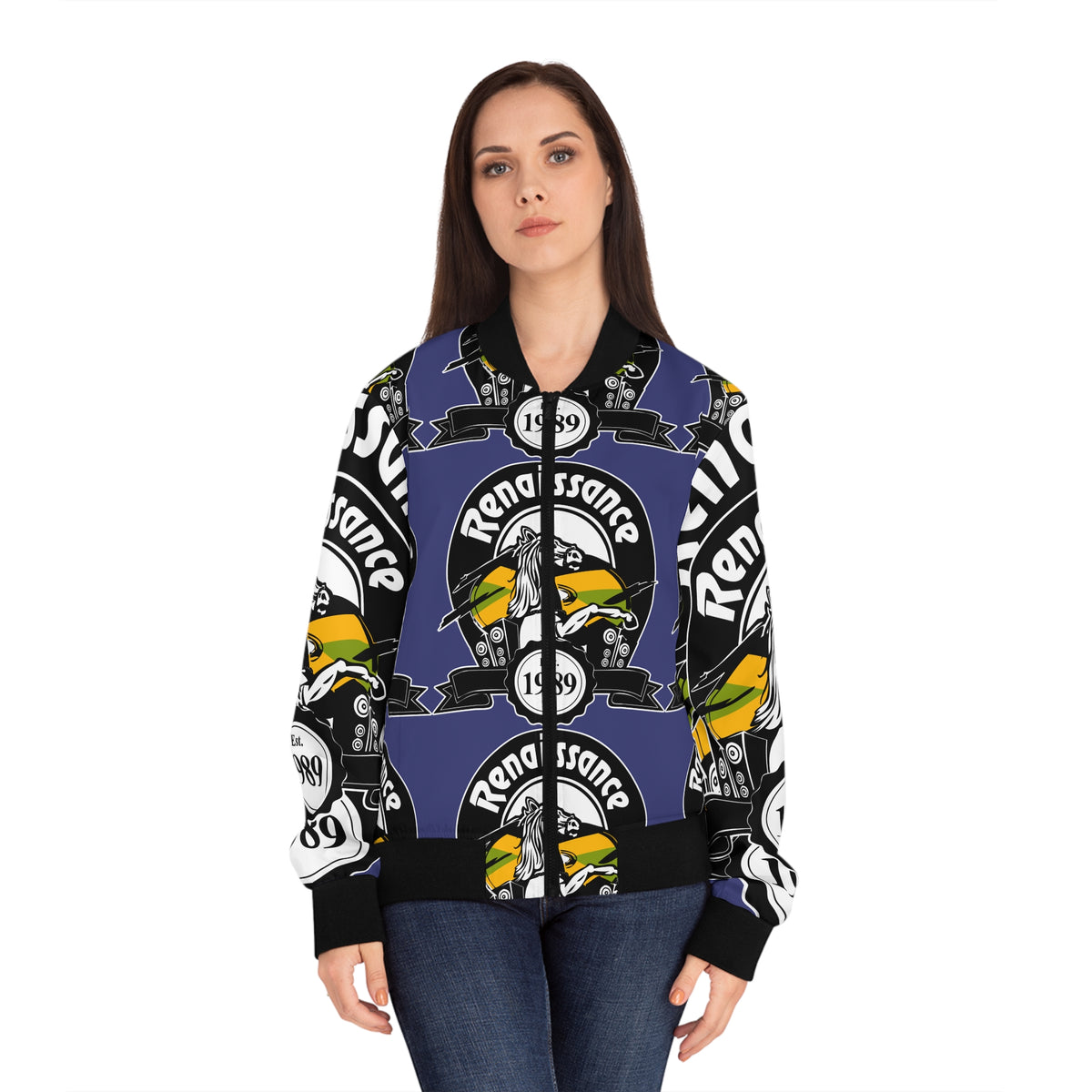 All Over Print Women's Blue Renaissance Bomber Jacket (AOP)