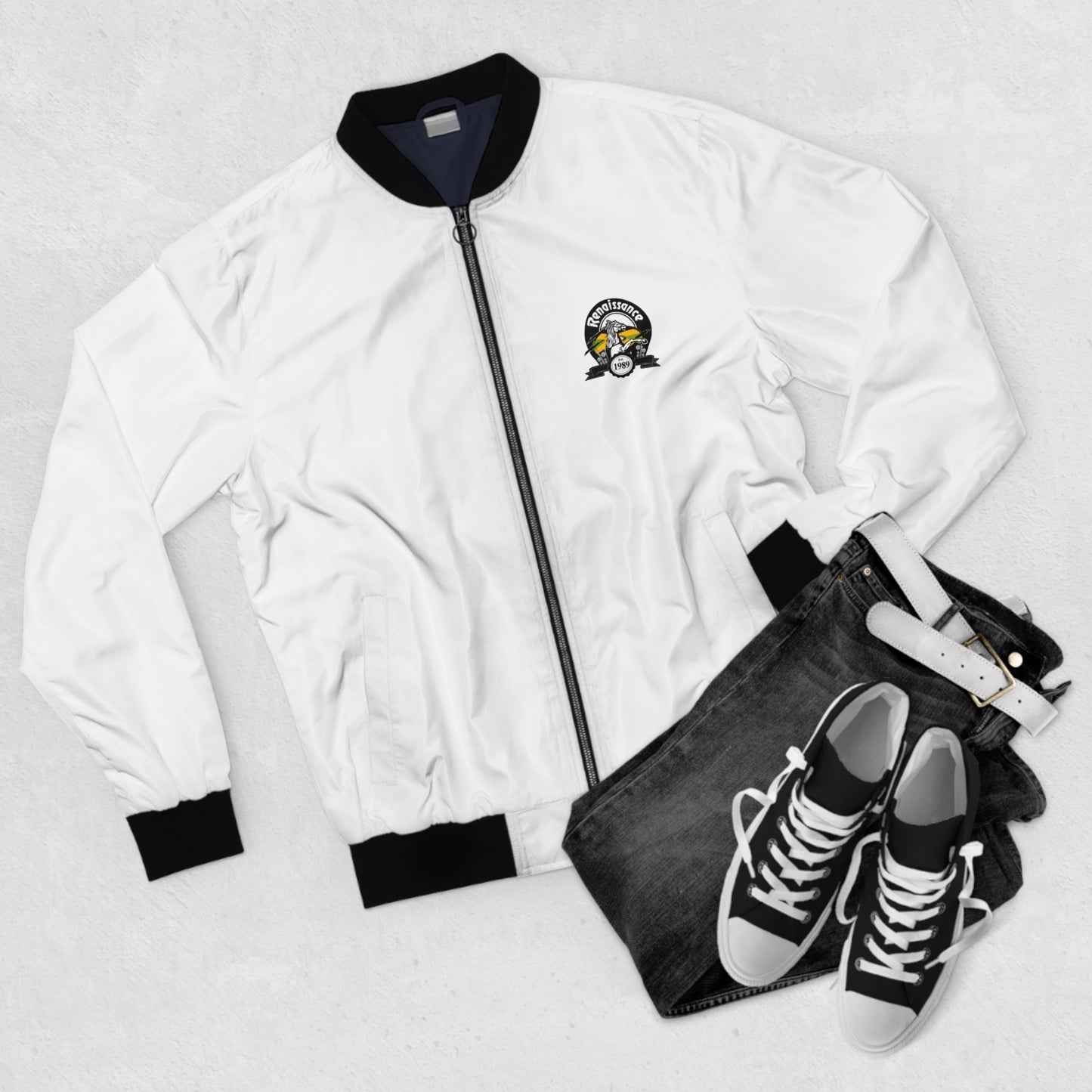 Single Back Print Men's White AOP Bomber Jacket