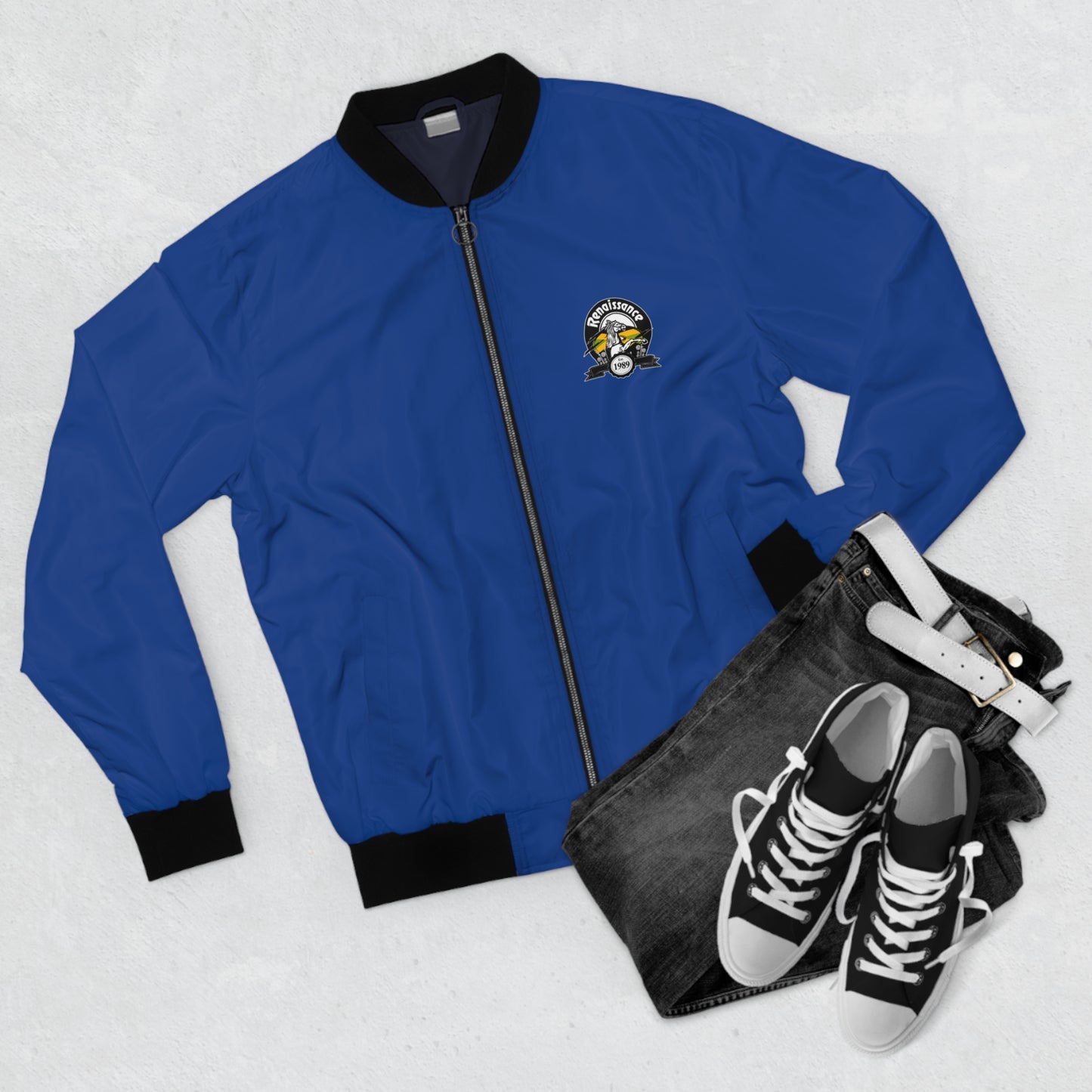 Renaissance Single Back Print Men's Blue AOP Bomber Jacket